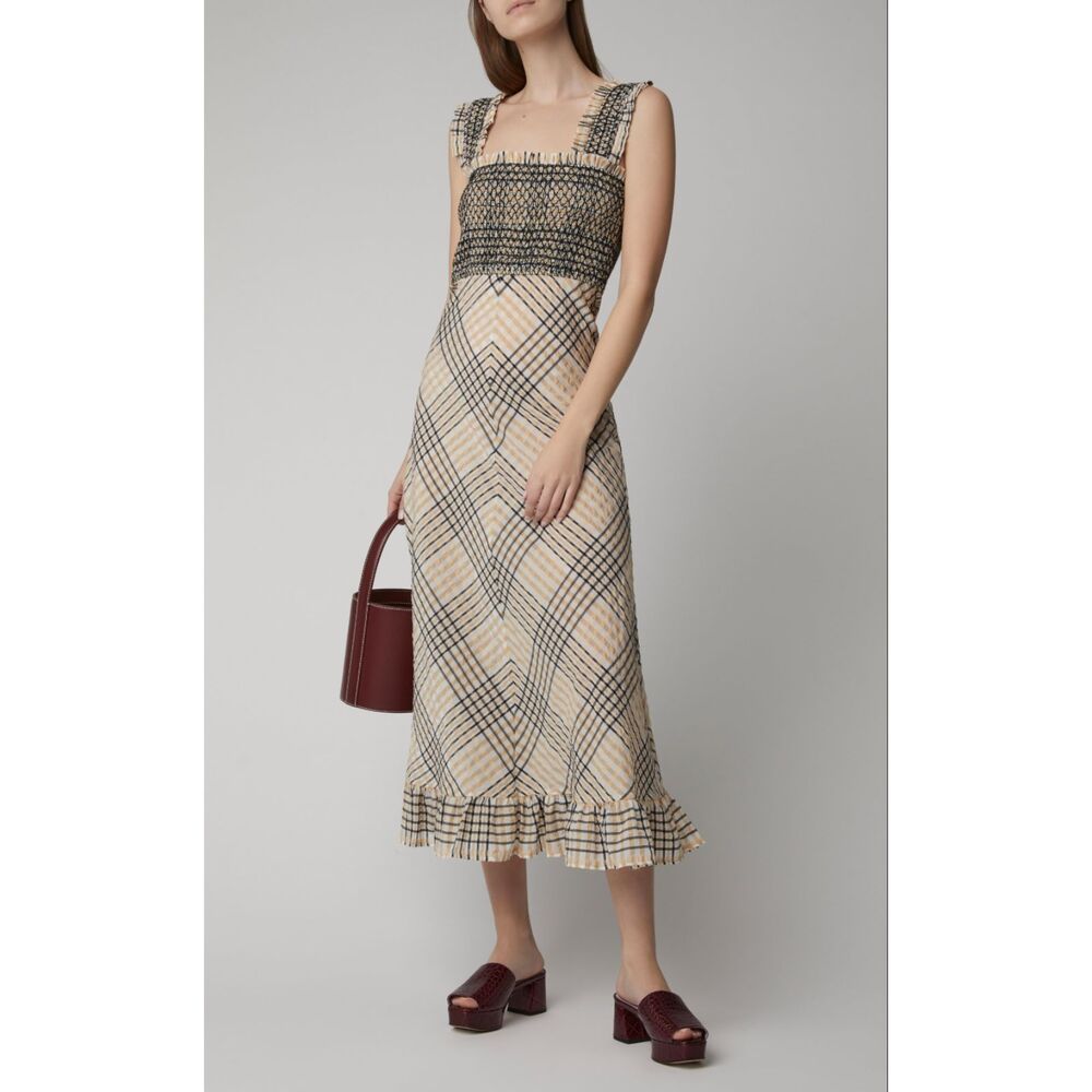 Ganni Smocked Checked Seersucker Midi Dress - sz 36 (US 4 / S)